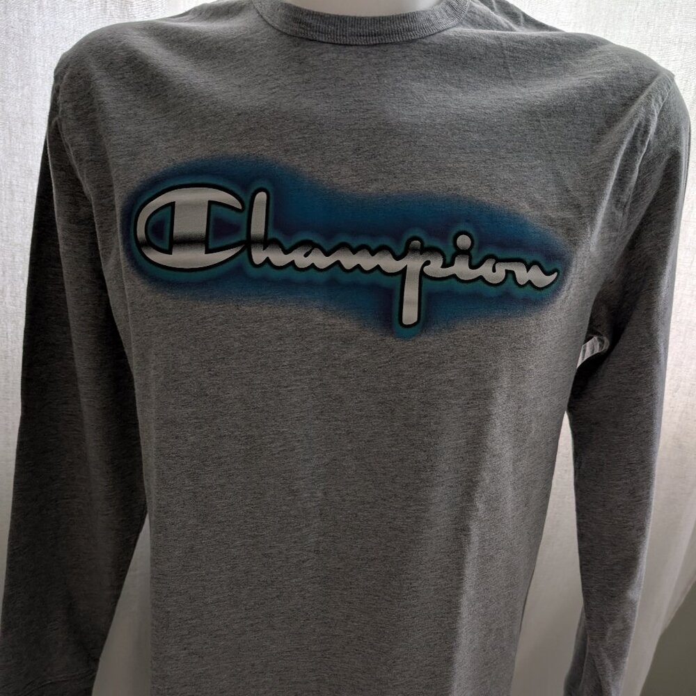 Rare Mint Champion Gray Long Sleeve Tee – Airbrush Logo Front & Back – Size L